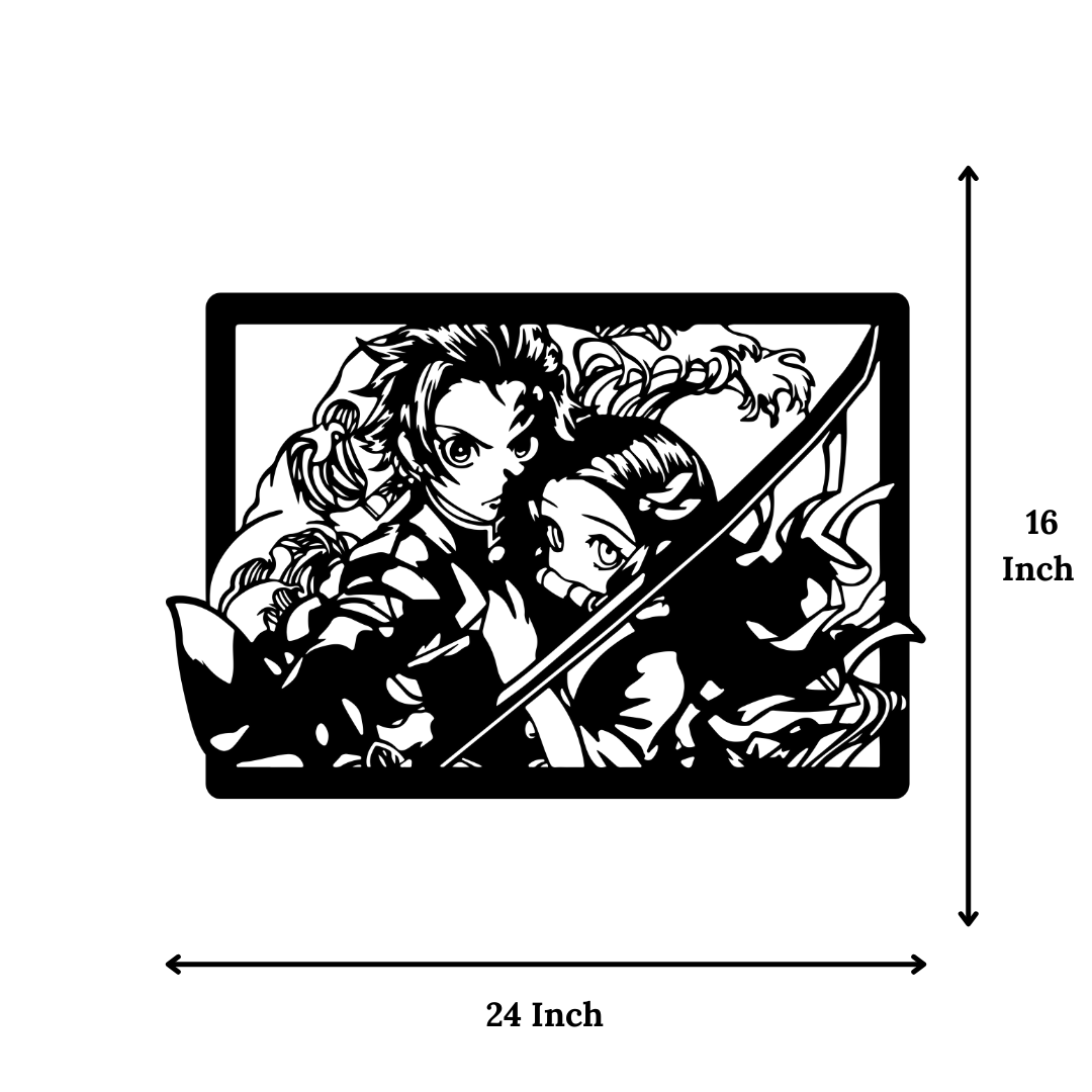 Anime metal wall art with Tanjiro & Nezuko inspired design, showing 24 x 16 inch size dimensions.