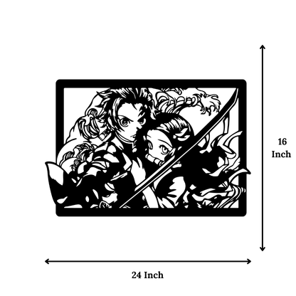 Anime metal wall art with Tanjiro & Nezuko inspired design, showing 24 x 16 inch size dimensions.
