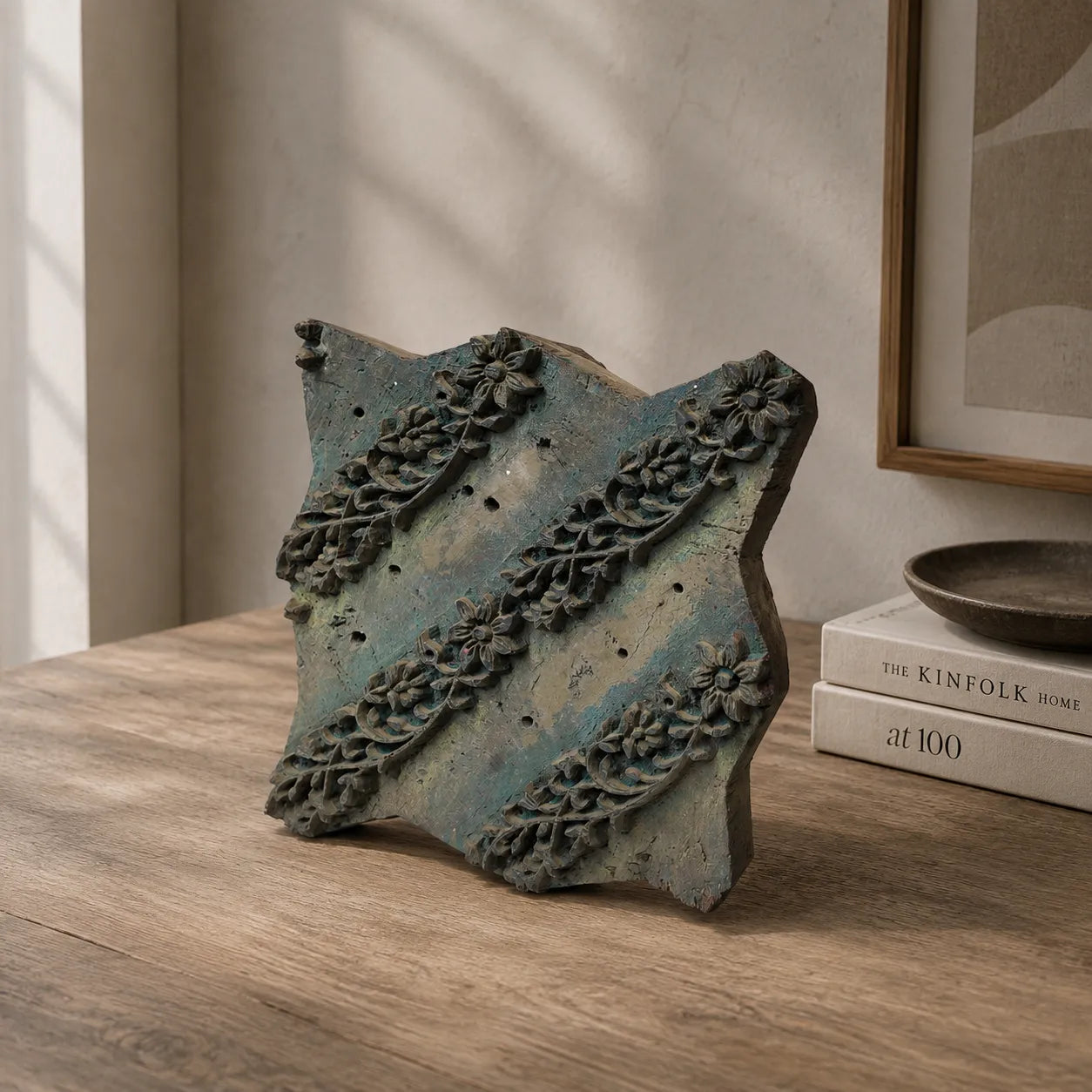 Vintage Hand-Carved Wooden Printing Block – Diagonal Floral Stripes