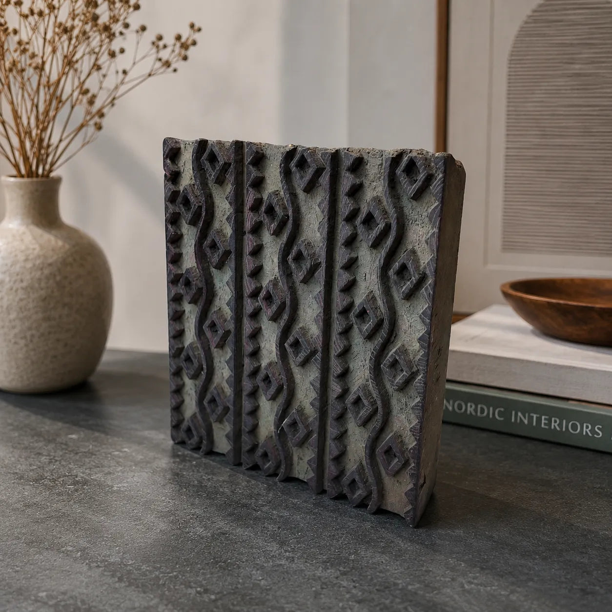 Vintage Hand-Carved Wooden Printing Block – Diamond Vine Column