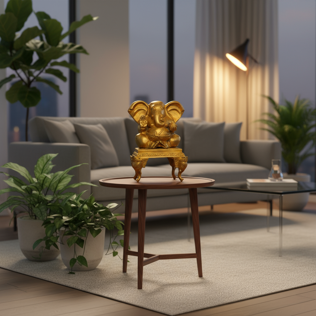 Brass Ganesha idol with decorative stand placed in living room for home décor