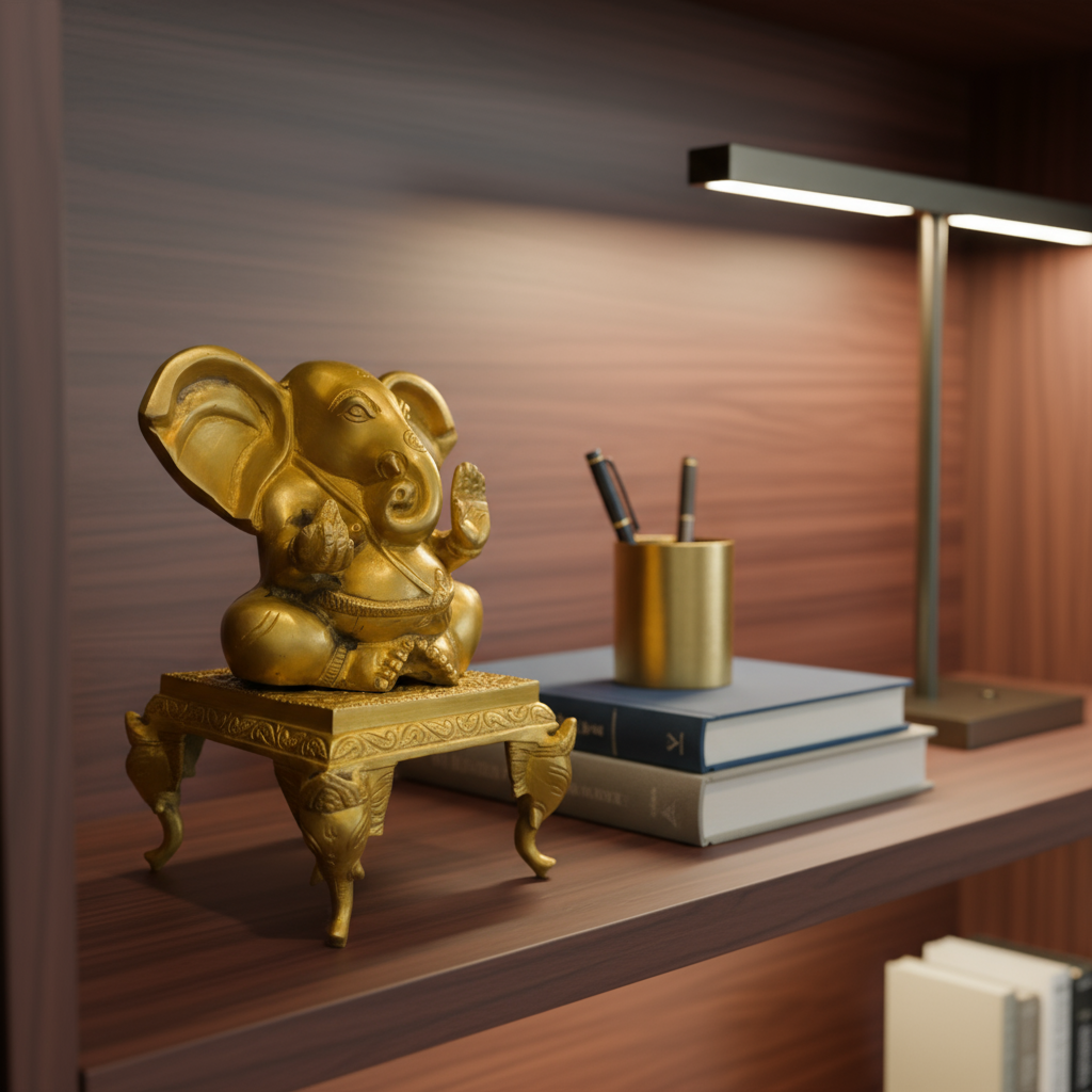 Brass Ganesha idol with decorative stand placed on bookshelf as home or office decor
