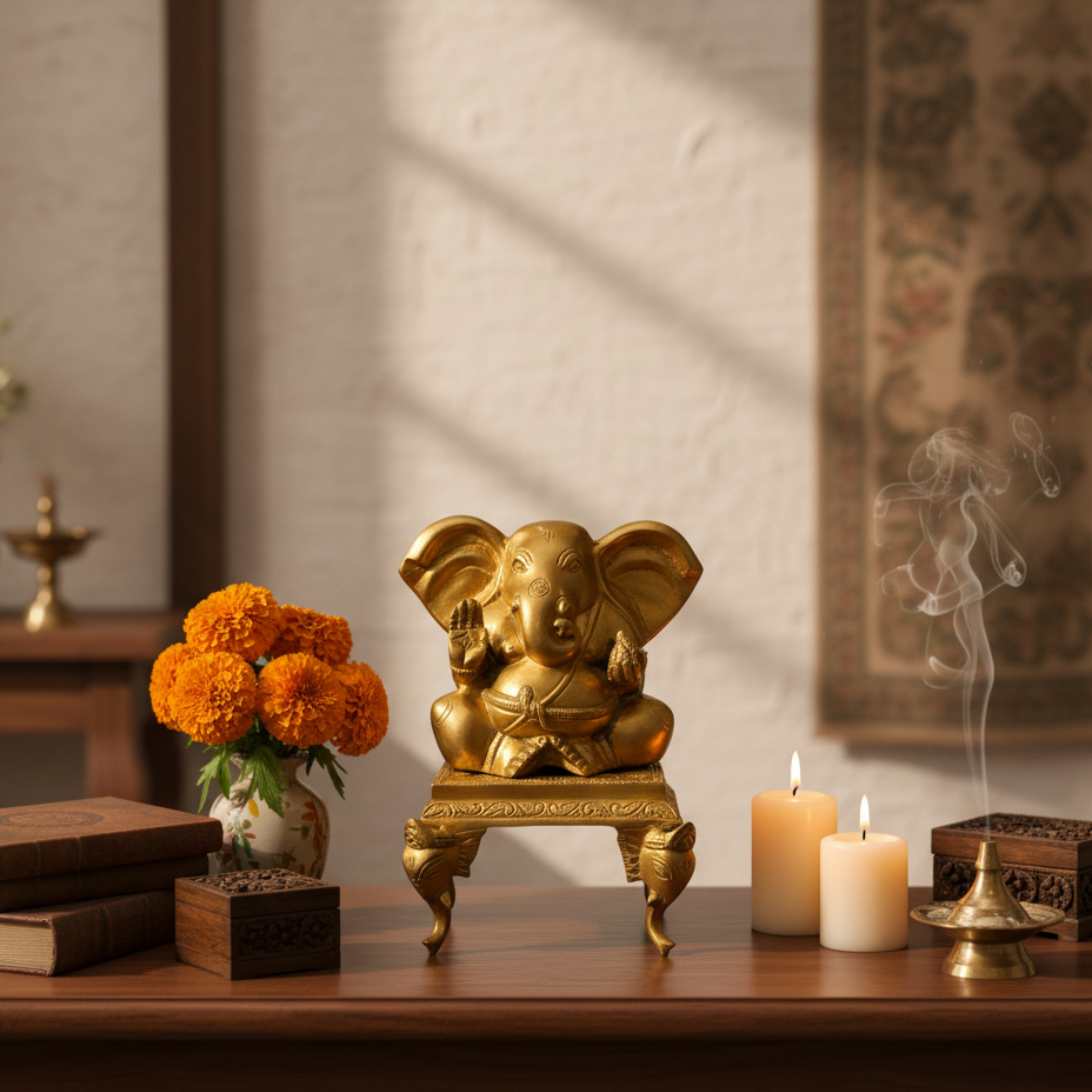 Brass Ganesha idol on stand with flowers and candles for pooja room décor