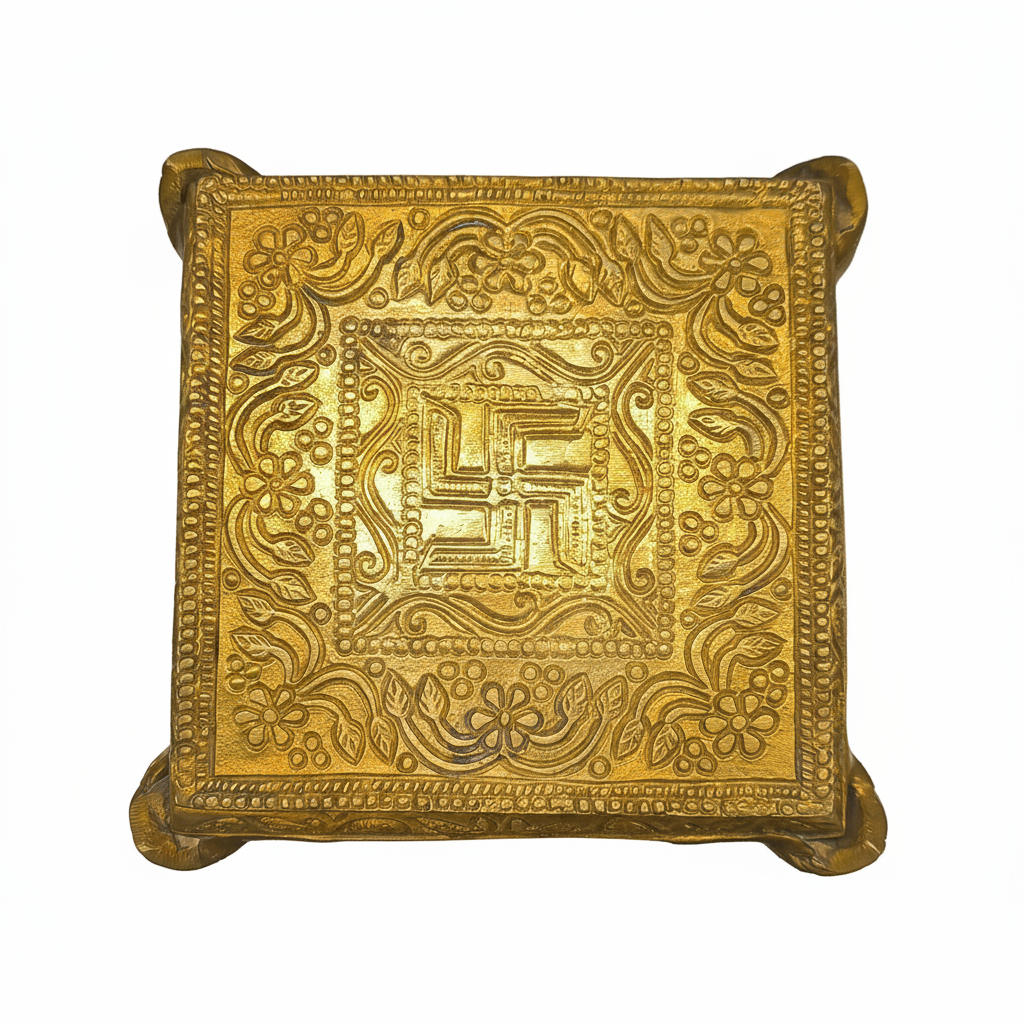 Top view of brass decorative stand with swastik design for Ganesha idol