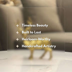 Infographic listing the features of the brass deer figurine: Timeless Beauty, Built to Last, Heirloom-Worthy, and Handcrafted Artistry