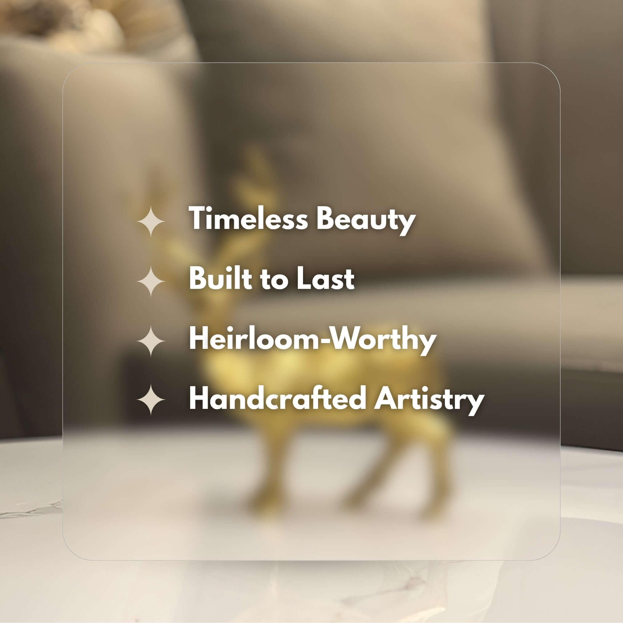 Infographic listing the features of the brass deer figurine: Timeless Beauty, Built to Last, Heirloom-Worthy, and Handcrafted Artistry