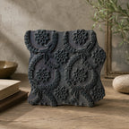 Vintage Hand-Carved Wood Printing Block – Floral Wreath Medallion