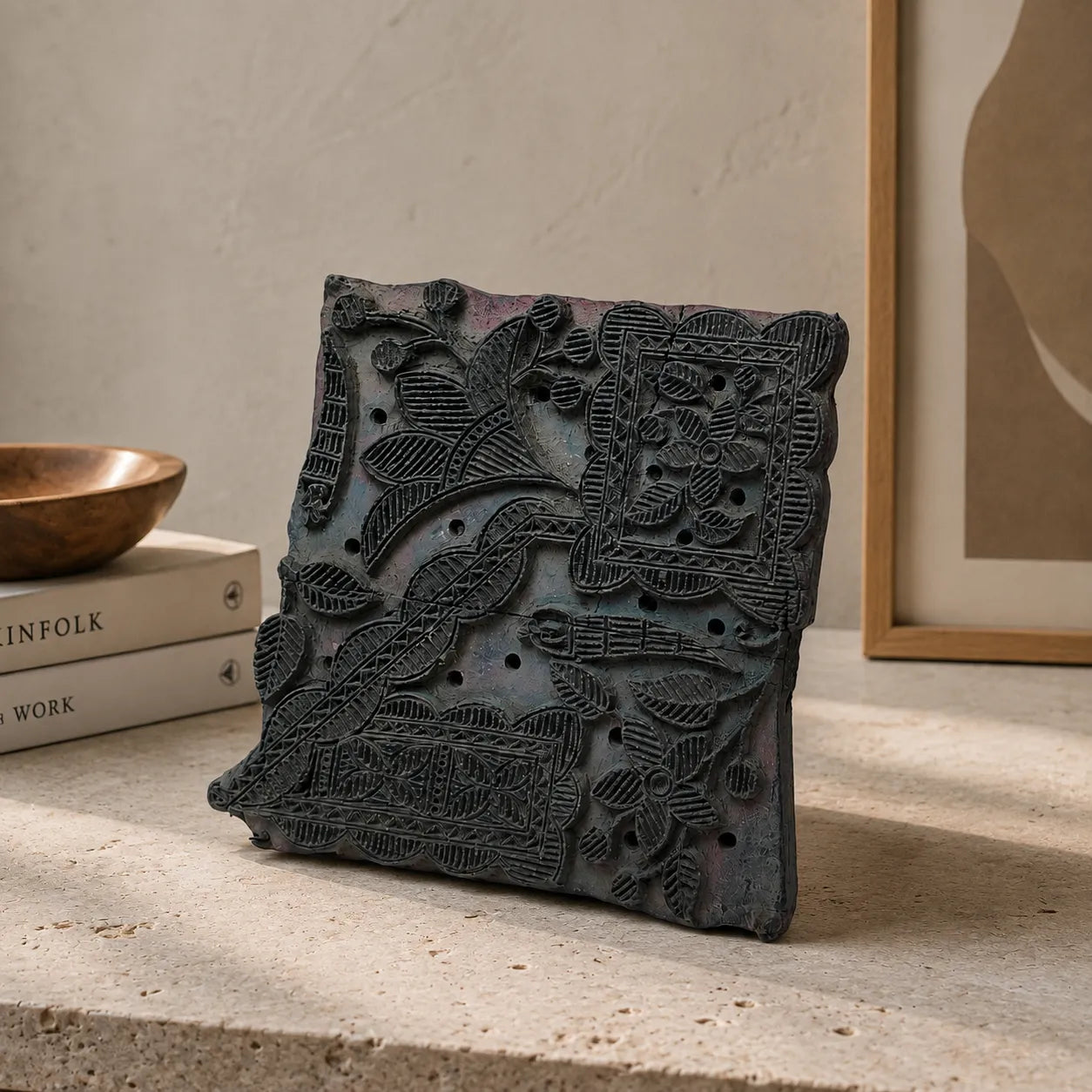 Vintage Hand-Carved Wooden Printing Block – Bird & Floral Panel