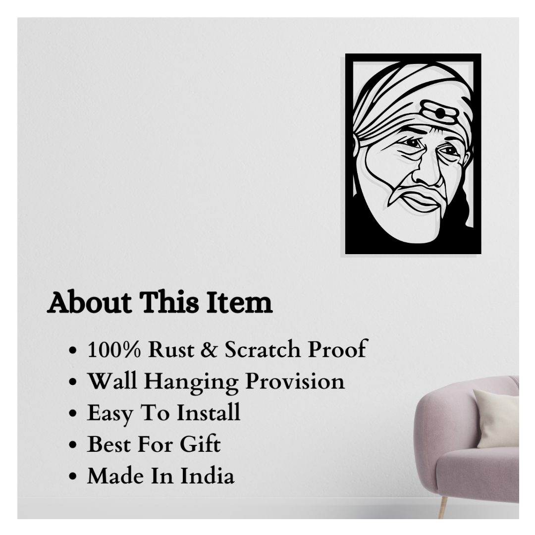 Artrooms Sai Baba Metal Wall Art - Wall Decoration | Wall Hanging (17x25 inch) | Black Matte Finish