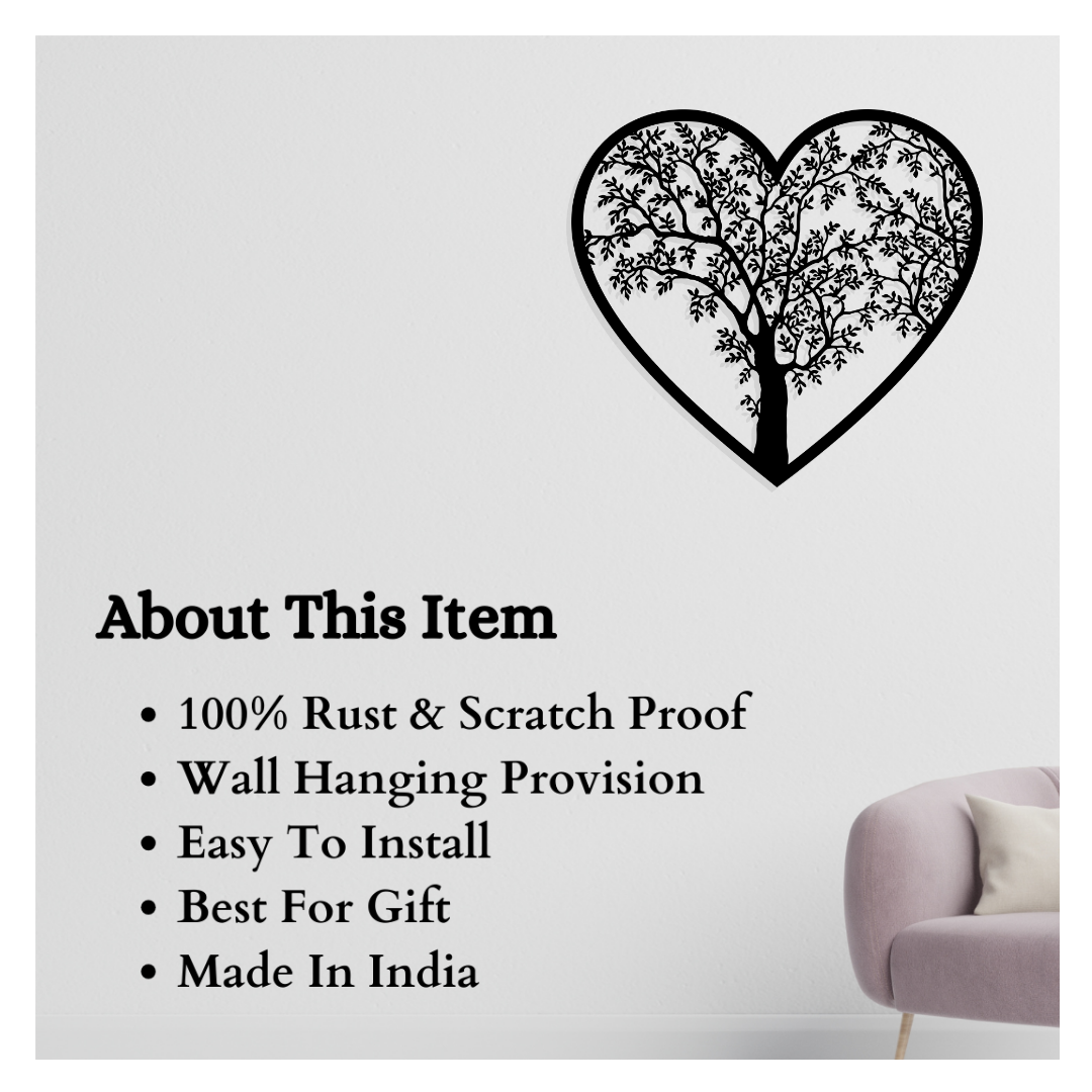 Artrooms Tree And Heart Metal Wall Art - Wall Decoration | Wall Hanging (23x25 inch) | Black Matte Finish