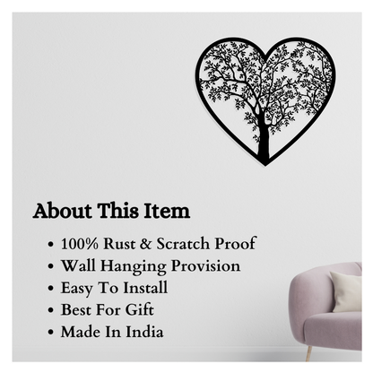 Artrooms Tree And Heart Metal Wall Art - Wall Decoration | Wall Hanging (23x25 inch) | Black Matte Finish