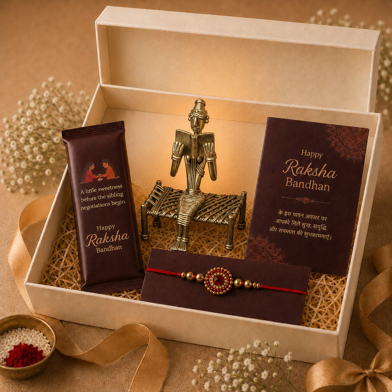 Raksha Bandhan Gift Hamper for Brother/Sister – Dhokra Art Reading Man Showpiece, Rakhi, Greeting Card & Cadbury Chocolate Bar