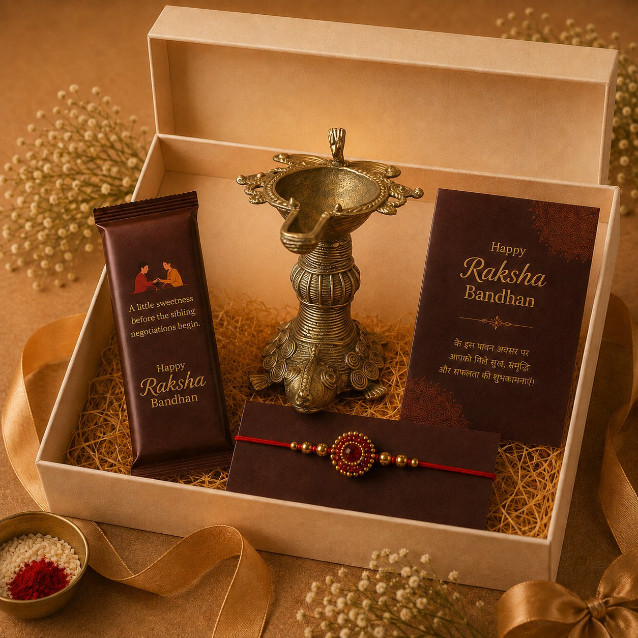 Raksha Bandhan Gift Hamper for Brother/Sister – Dhokra Art Brass Diya Stand, Rakhi, Greeting Card & Cadbury Chocolate Bar