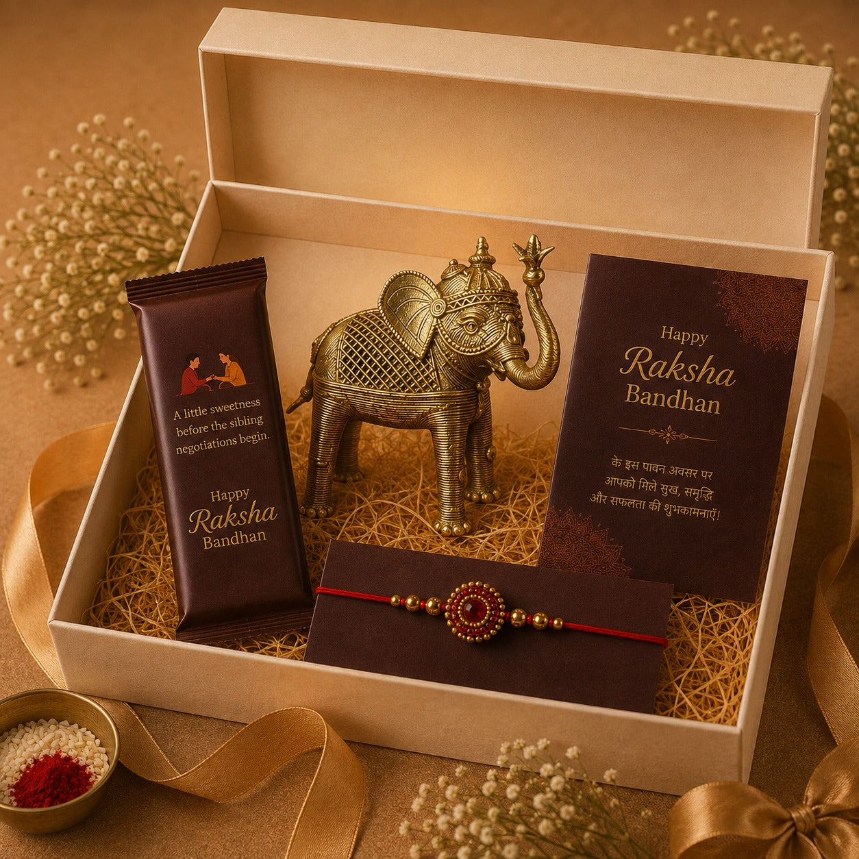 Raksha Bandhan Gift Hamper for Brother/Sister – Dhokra Art Royal Elephant Showpiece, Rakhi, Greeting Card & Cadbury Chocolate Bar