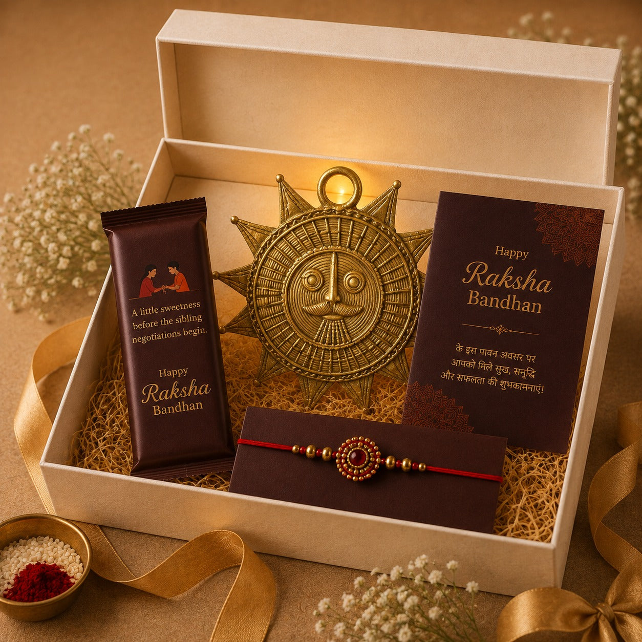 Raksha Bandhan Gift Hamper for Brother/Sister – Dhokra Art Sun God Wall Hanging, Rakhi, Greeting Card & Cadbury Chocolate Bar