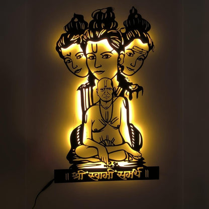 Artrooms Swami Samarth Metal Wall Art With Light | Wall Decoration | Wall Hanging (12x24 inch) | Black Matte Finish