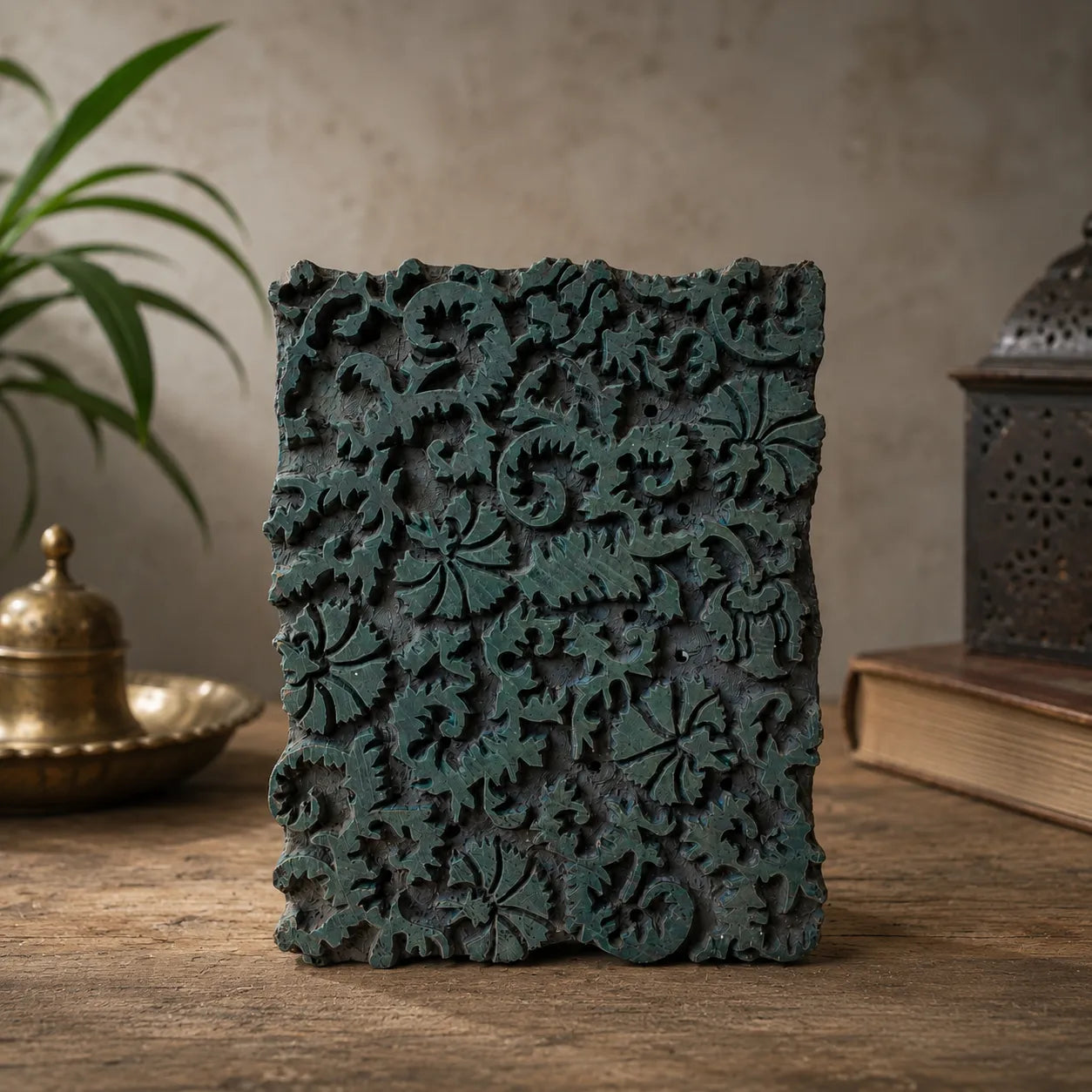 Vintage Indian Textile Stamp – Intricate Serrated Floral Vine Pattern