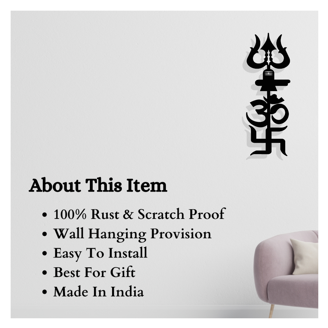 Artrooms Om Swastik Metal Wall Art - Wall Decoration | Wall Hanging (9x25 inch) | Black Matte Finish