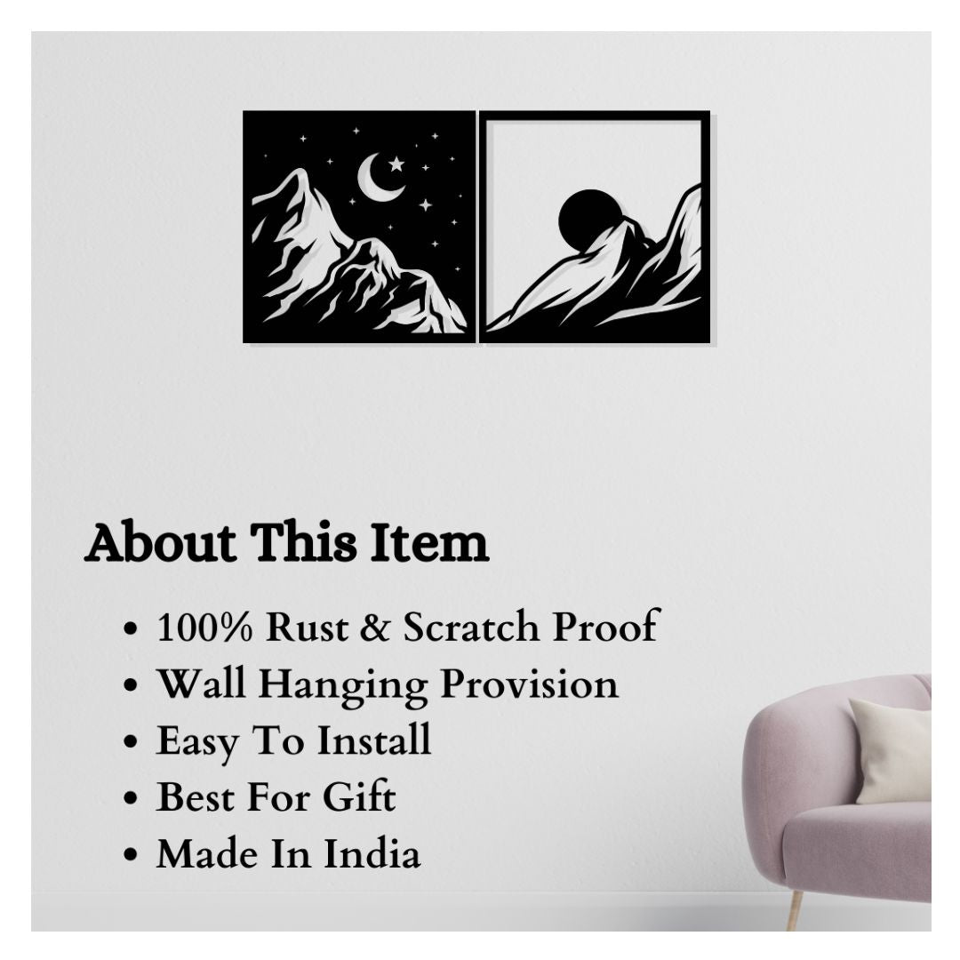 Artrooms Sun And Moon Metal Wall Art - Wall Decoration | Wall Hanging (12x24 inch) | Black Matte Finish