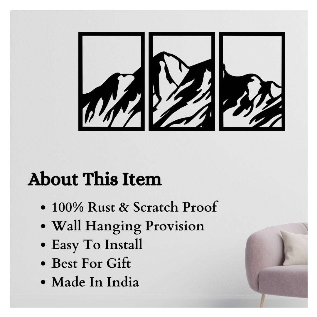 Artrooms Mountain Metal Wall Art - Wall Decoration | Wall Hanging (50x25 inch) | Black Matte Finish