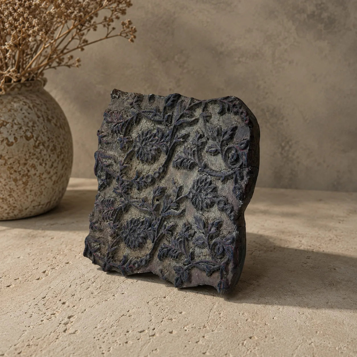 Vintage Hand-Carved Wooden Printing Block – Dense Floral Scrollwork