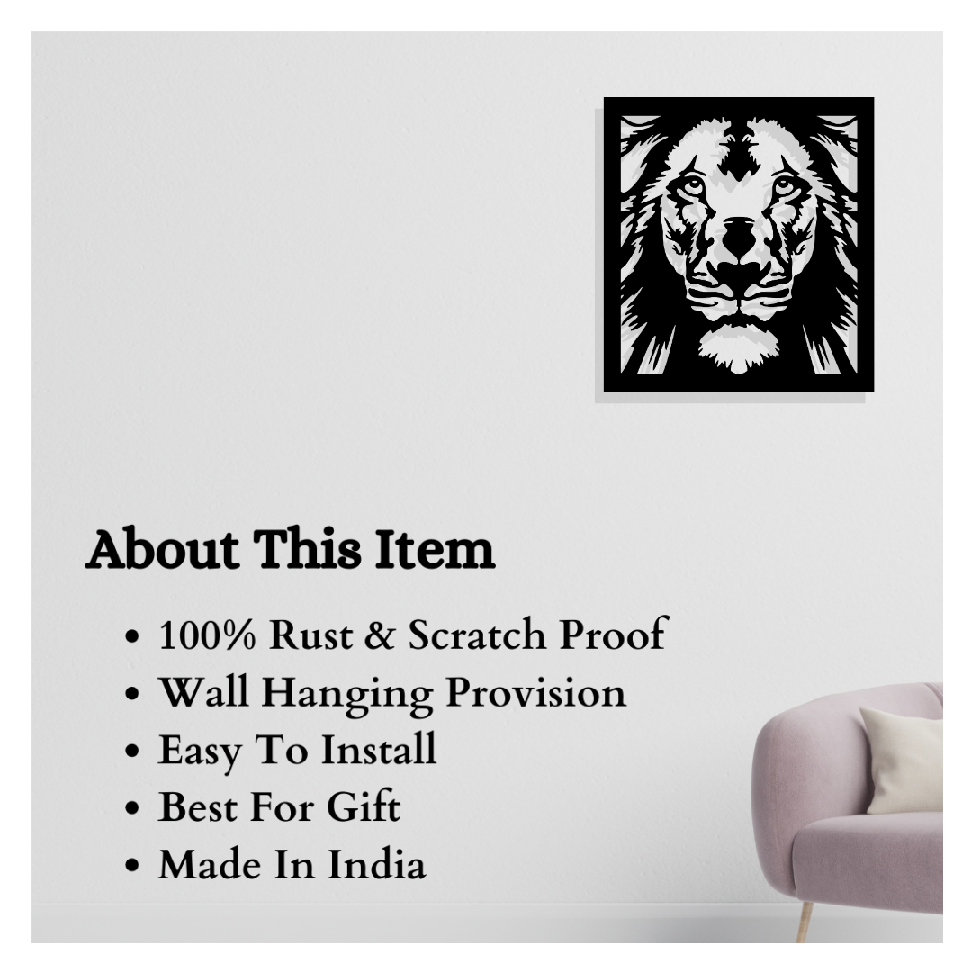 Artrooms Lion Metal Wall Art - Wall Decoration | Wall Hanging (23x25 inch) | Black Matte Finish