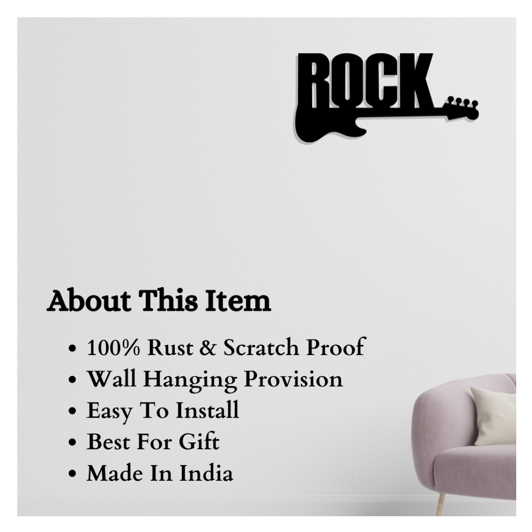 Artrooms Word Rock With Guitar Metal Wall Art - Wall Decoration | Wall Hanging (25x12 inch) | Black Matte Finish