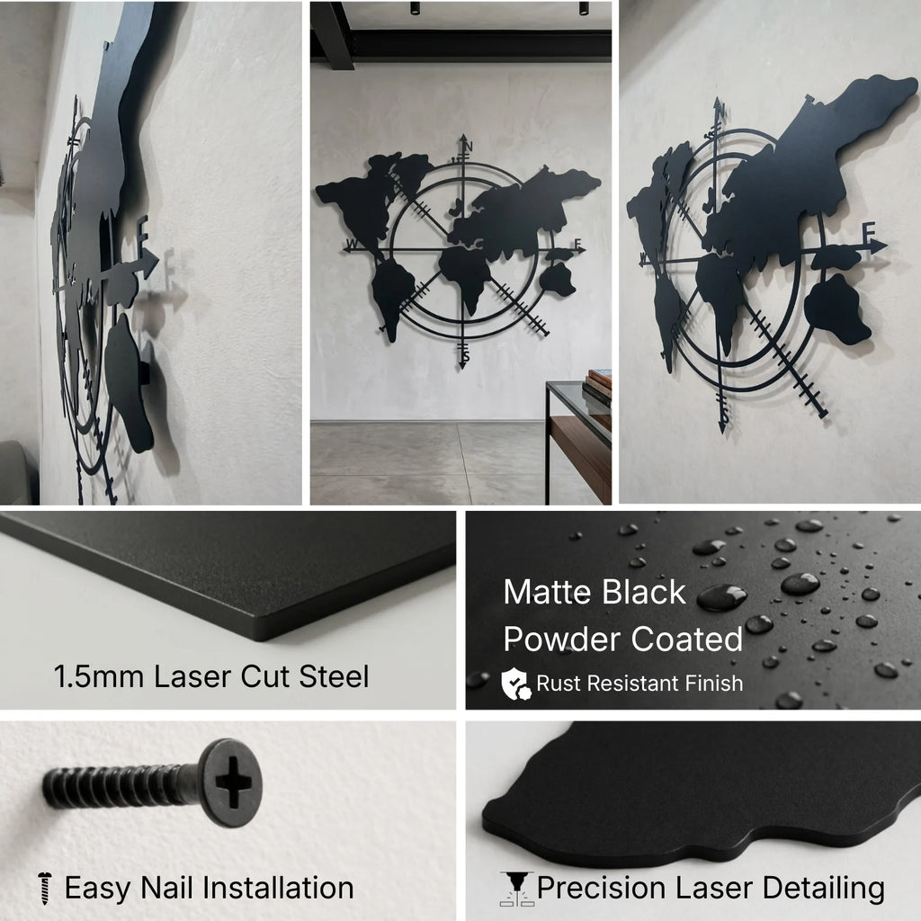 Artrooms World Map Metal Wall Art - Wall Decoration | Wall Hanging (24x20 inch) | Black Matte Finish