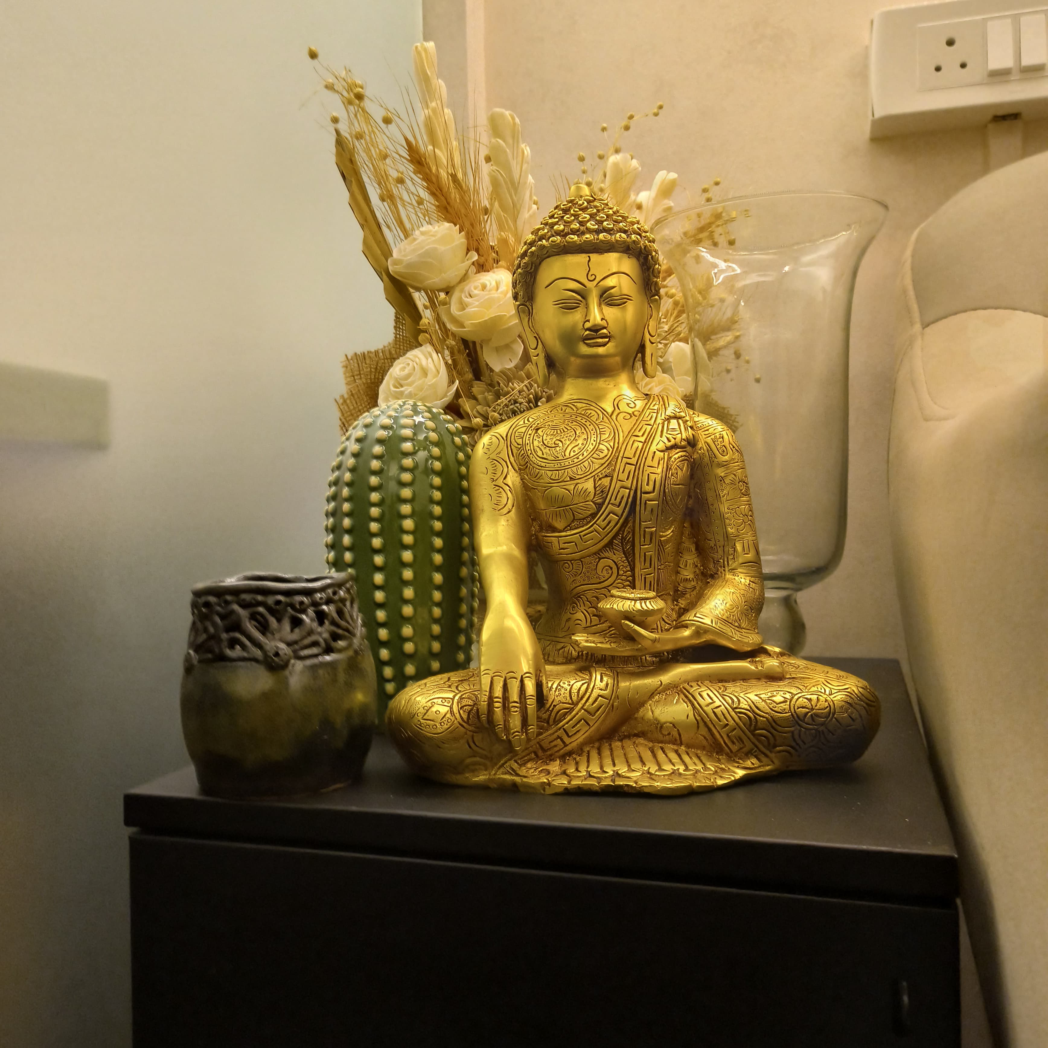 Handcrafted Gautam Buddha Statue Golden Brass Idol for Home and Office