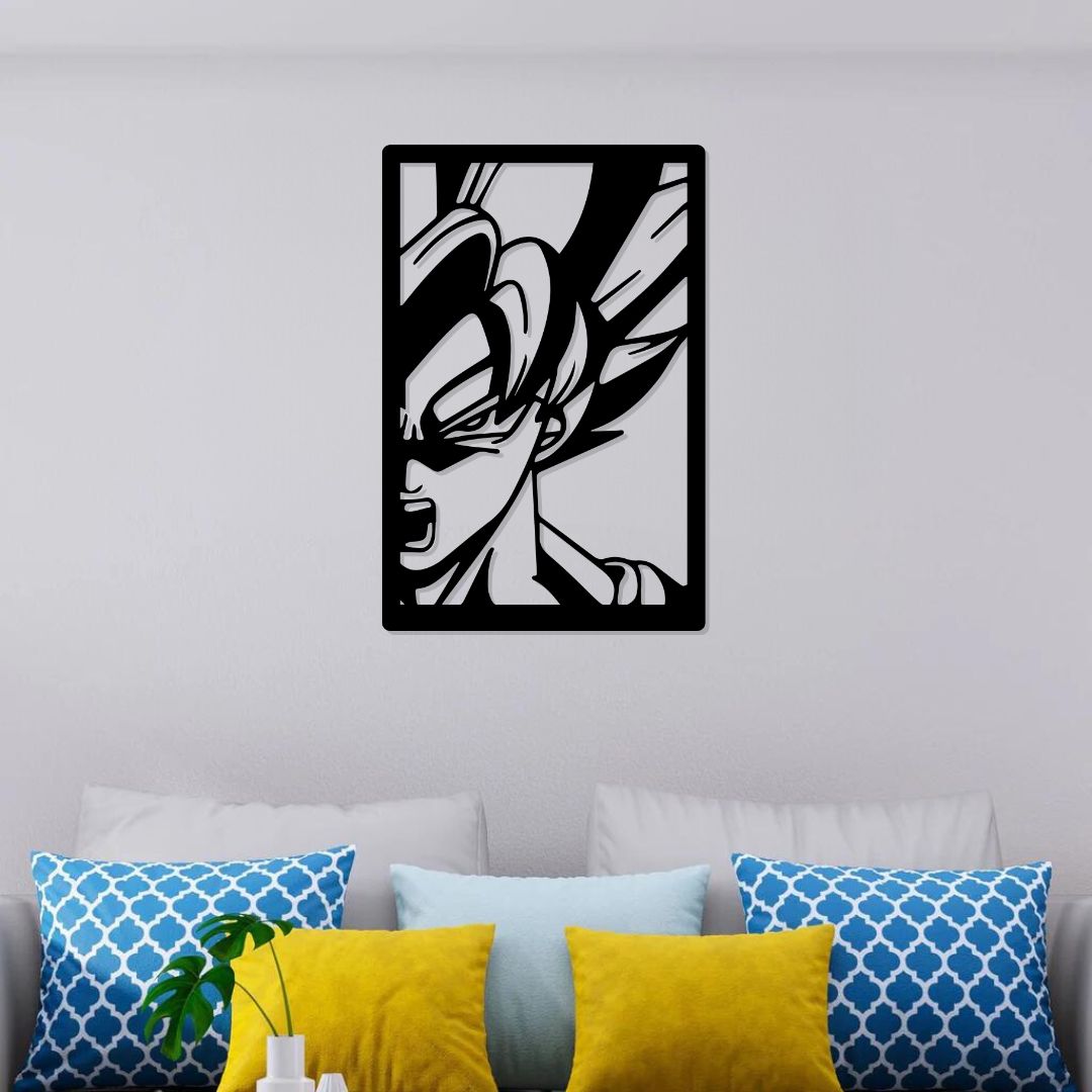 Anime wall art of Goku Metal Wall Decor displayed above sofa in modern room