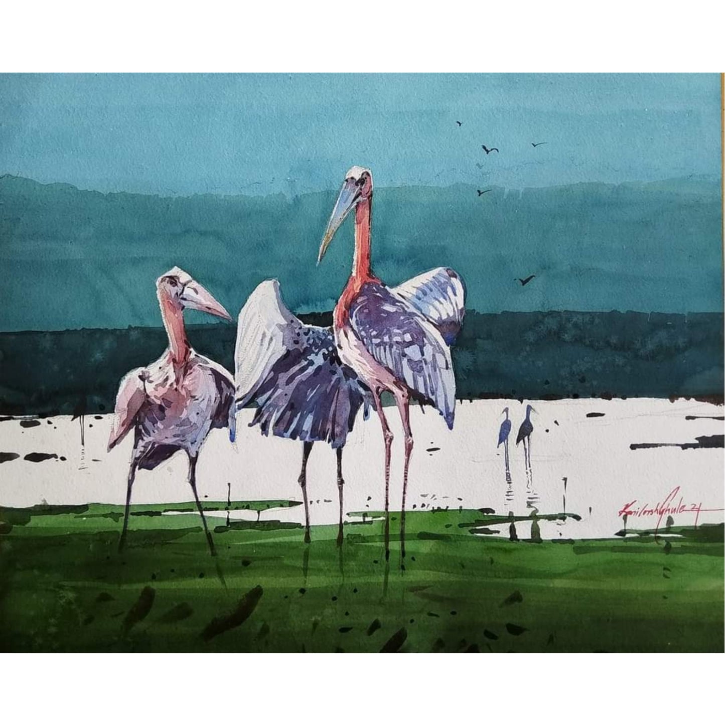 Water Color Handmade Painting 11 X 18 Inch - (Bird73)