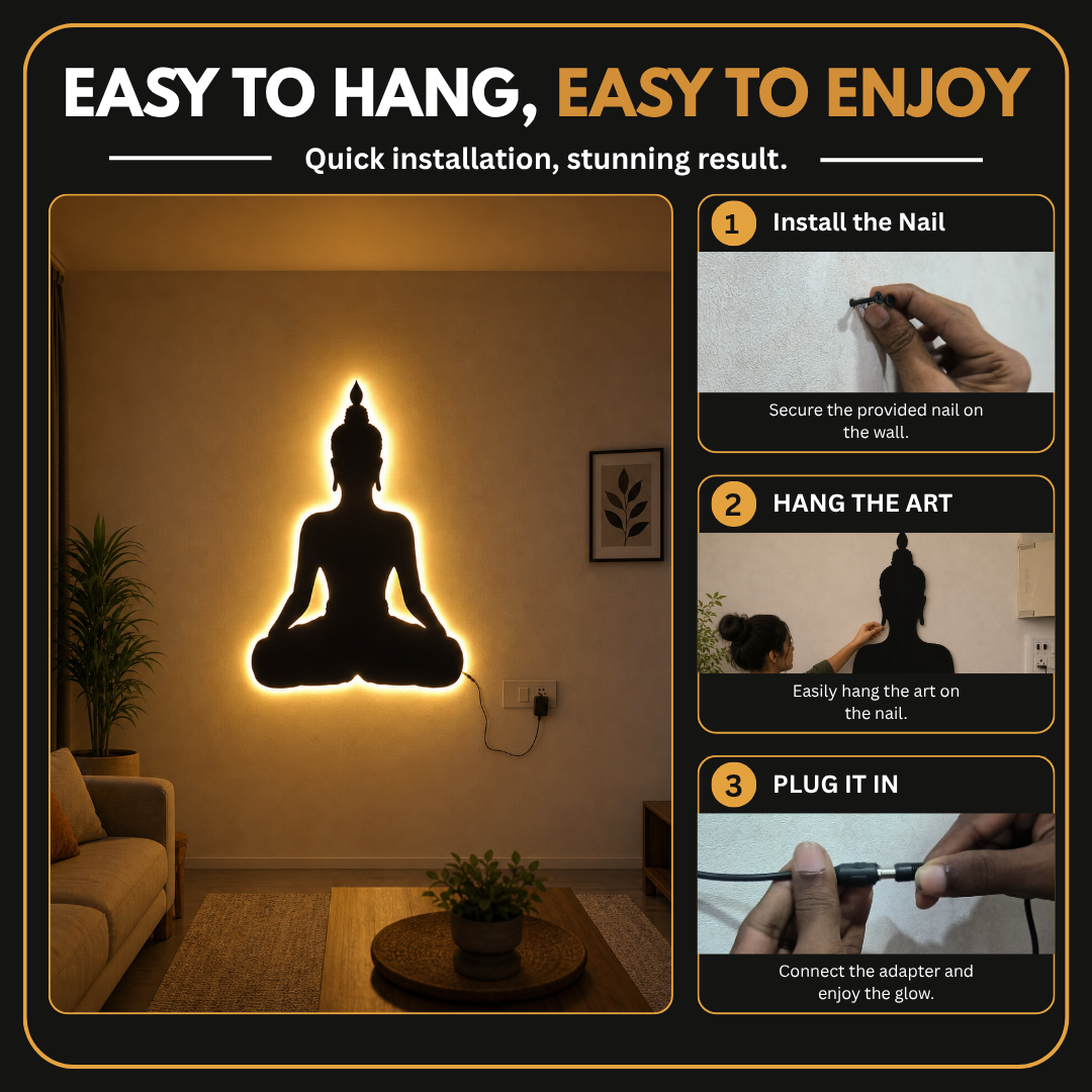 Meditating Buddha LED Backlit Metal Wall Art