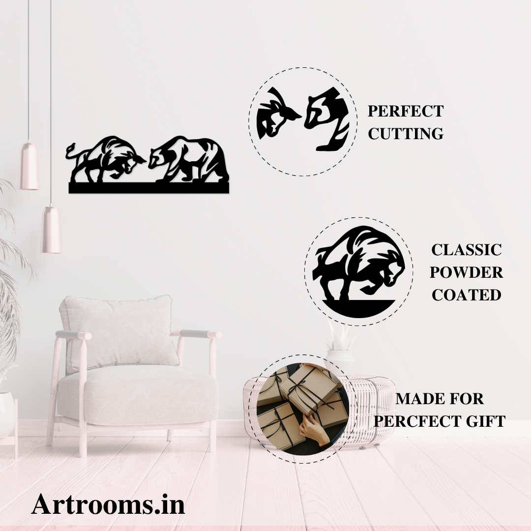Artrooms Bull and Bear Metal Wall Art – 24x8 inch | Stock Market Wall Decor for Office & Trading Room