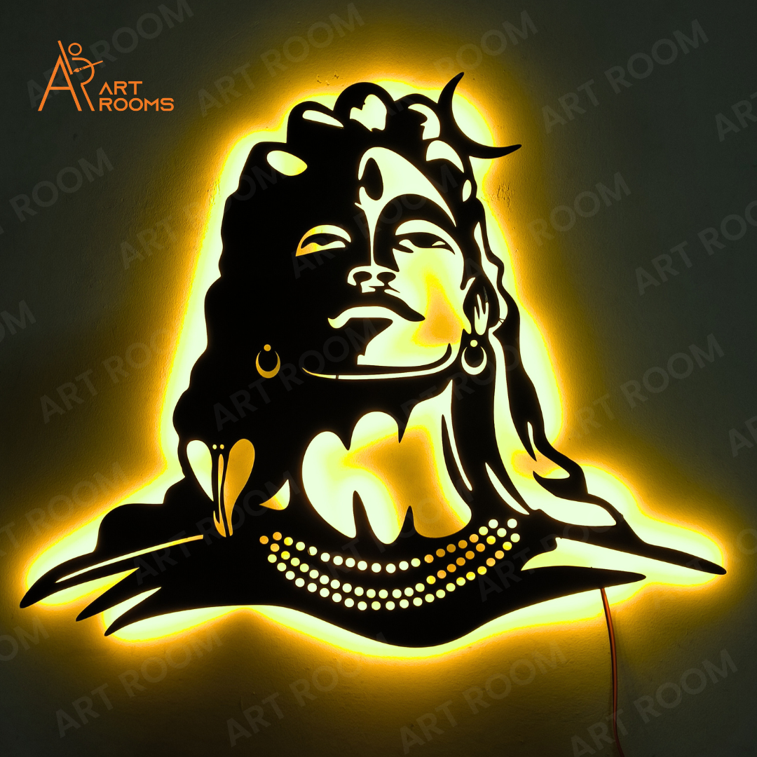 Adiyogi Shiva metal wall art illuminated with LED light, showcasing a serene and spiritual design.