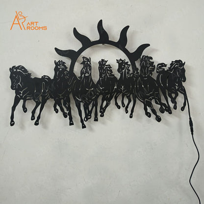 Artrooms Cavalli Horses Metal Wall Art With Light- Wall Decoration | Wall Hanging (24x15 inch) | Black Matte Finish