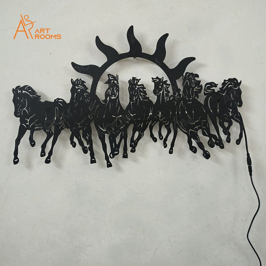 Seven Horses Metal Wall Art With Light – Matte Black Temple Wall Hanging