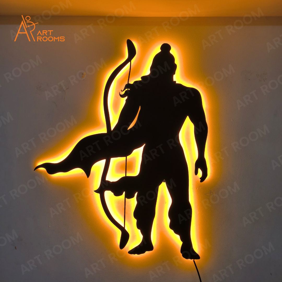 Artrooms Lord Ram Metal Wall Art with backlight, 20x24 inch, black matte finish, perfect for wall decoration.