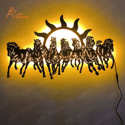 Artrooms Cavalli Horses Metal Wall Art With Light- Wall Decoration | Wall Hanging (24x15 inch) | Black Matte Finish