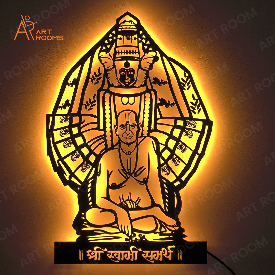 Mahalaxmi and Samarth Metal Wall Art With Light – LED Backlit Spiritual Décor