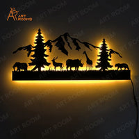 Mountain Forest Metal Wall Art With Light – LED Wildlife Déco