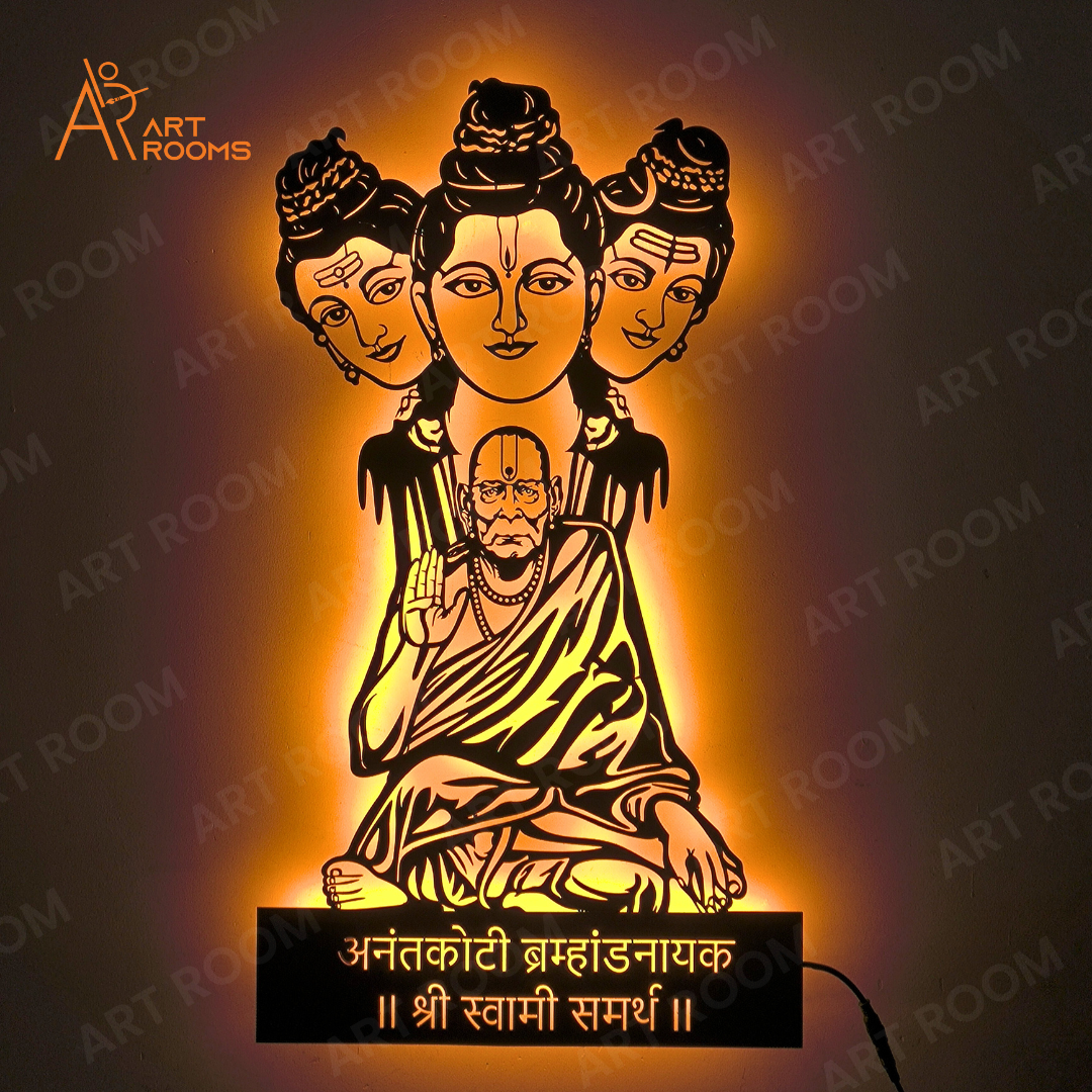 Artrooms Anantkoti Brahmand Nayak Shree Swami Samarth metal wall art with light in matte black, size 14x25 inch.