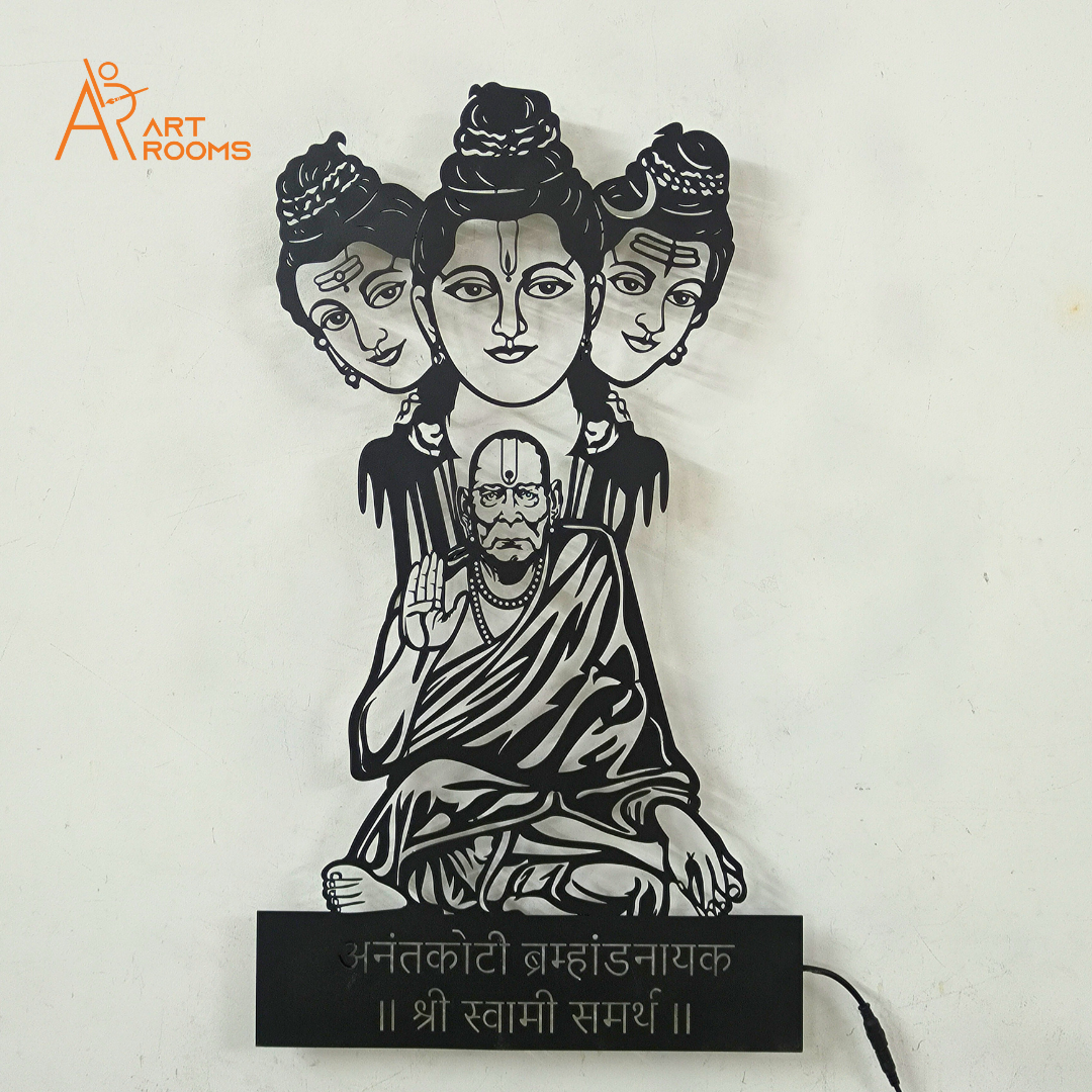 Artrooms metal wall art of Shree Swami Samarth with three faces, in matte black, size 14x25 inches, with light feature.