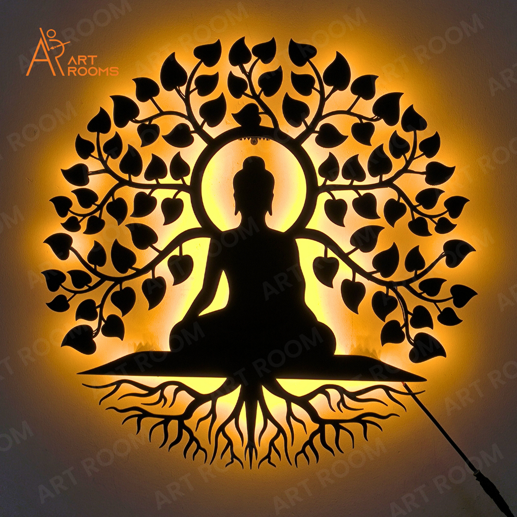 Buddha With Tree Metal Wall Art With Light – LED Backlit Meditation Wall Décor
