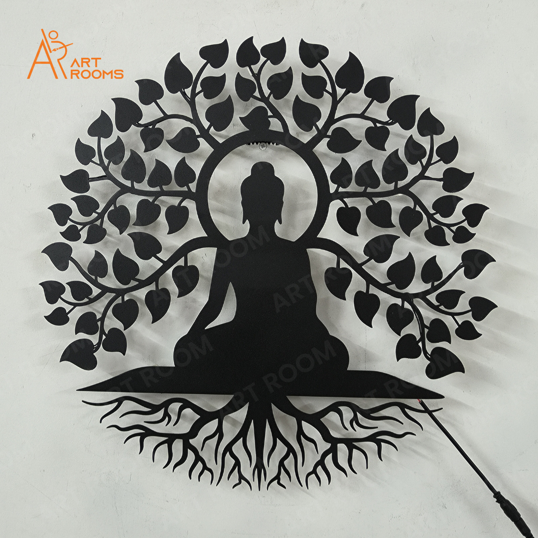 Buddha With Tree Metal Wall Art – Matte Black Metal Wall Hanging