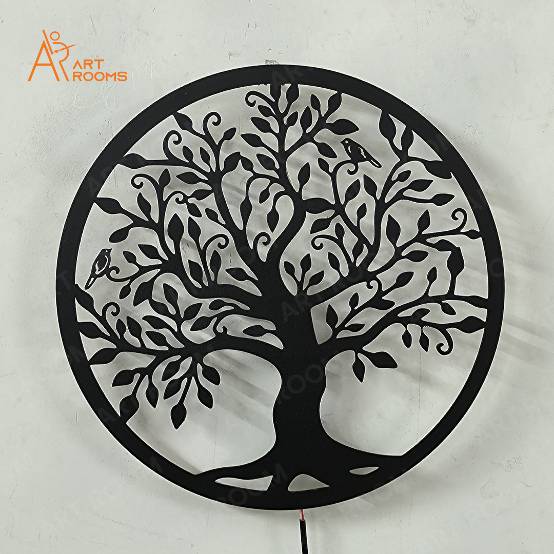 Tree Metal Wall Art With Light – Matte Black Temple Wall Hanging