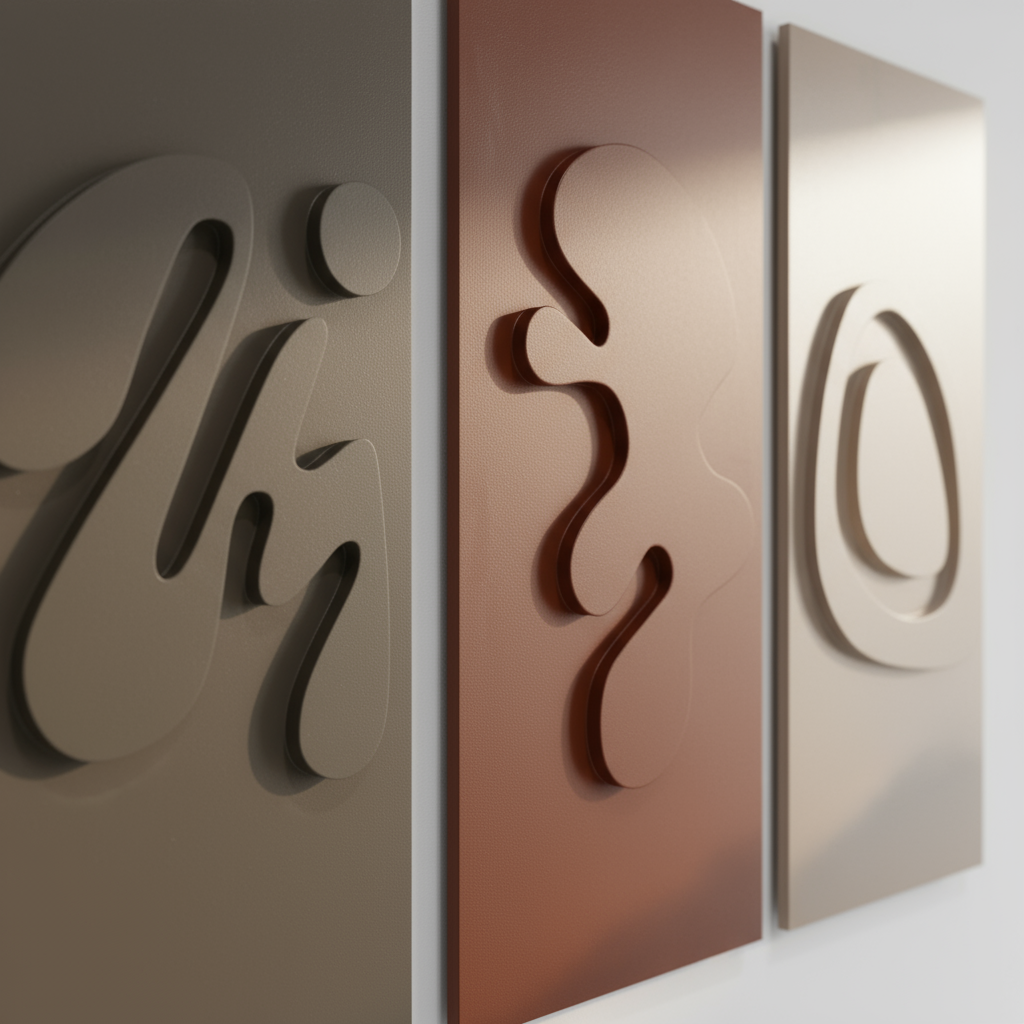 Close-up of MDF wall art set of 3 embossed abstract 3D wooden panels