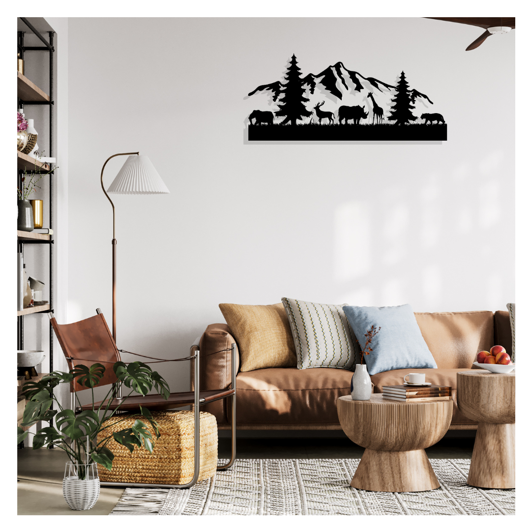 Nature metal wall art mounted above sofa in modern living room interior with brown couch and wooden tables.