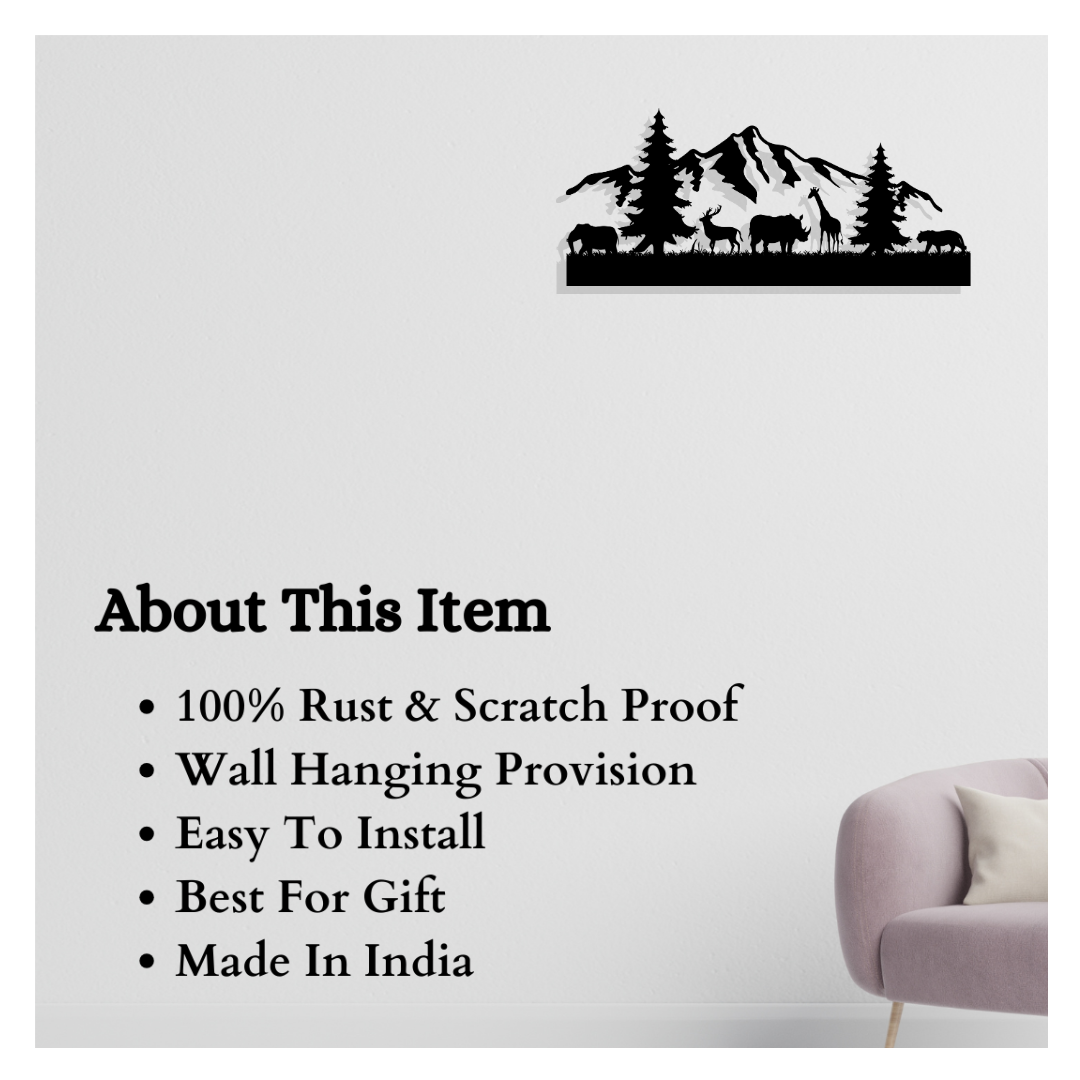 Nature metal wall art product details highlighting rust proof finish, easy wall hanging, gift idea, and made in India.