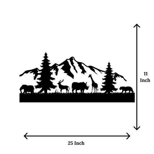 Nature metal wall art showing mountain and wildlife silhouette with measurement dimensions of 25 inches by 11 inches.