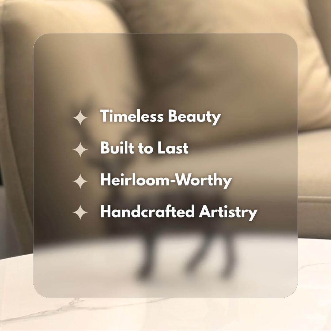Brass deer statue with text overlay highlighting timeless beauty, durability, heirloom quality, and handcrafted artistry
